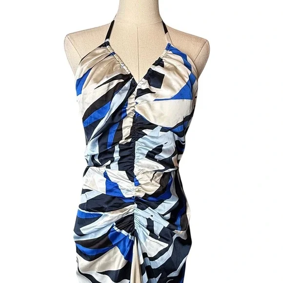 White House Black Market Satin Halter Maxi Dress in Bay Palms Ecru / Blue size 4 - Picture 3 of 7